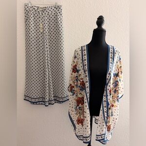 Max Studio London Floral Scarf Print Kimono & Wide Leg Pants Set | Boho Chic